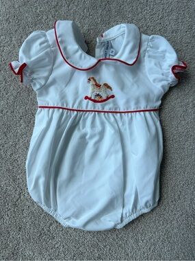 Sweet Dreams White Bubble Romper with Red Piping and Rocking Horse